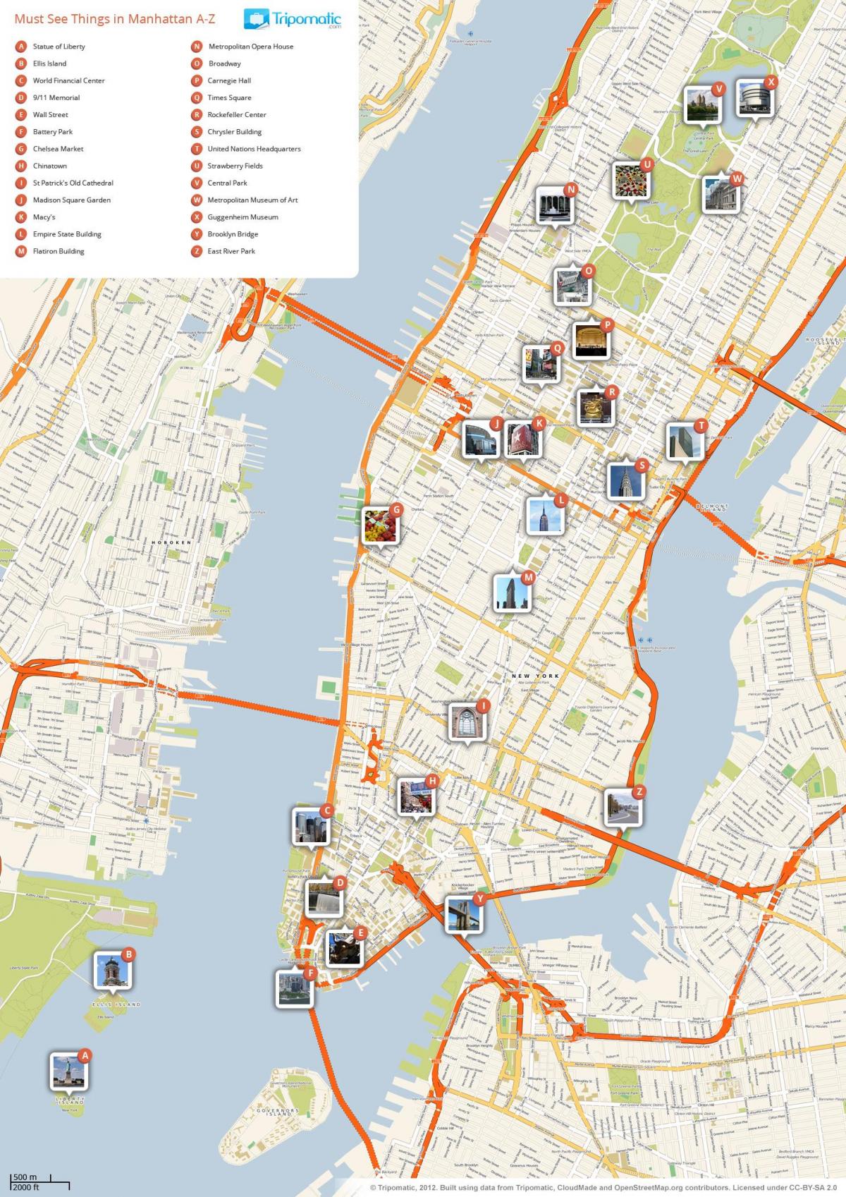 mapa Manhattanu ukazuje turistické atrakcie