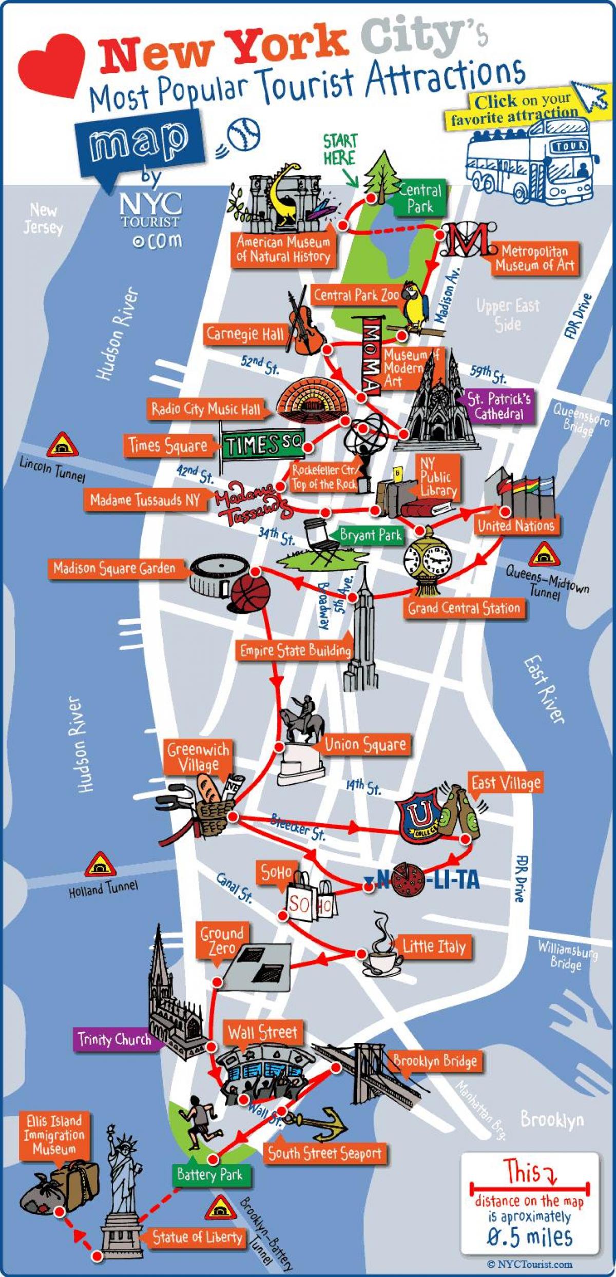 mapa Manhattanu, New York atrakcie