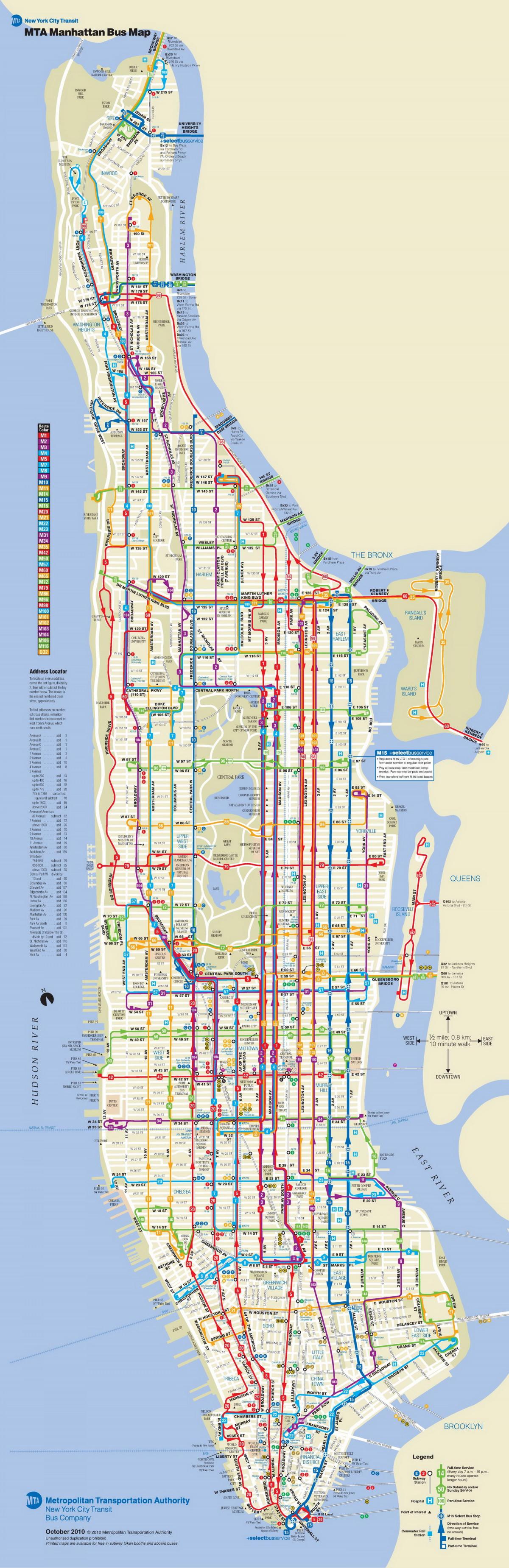 Manhattan autobus mapu so zastávkami