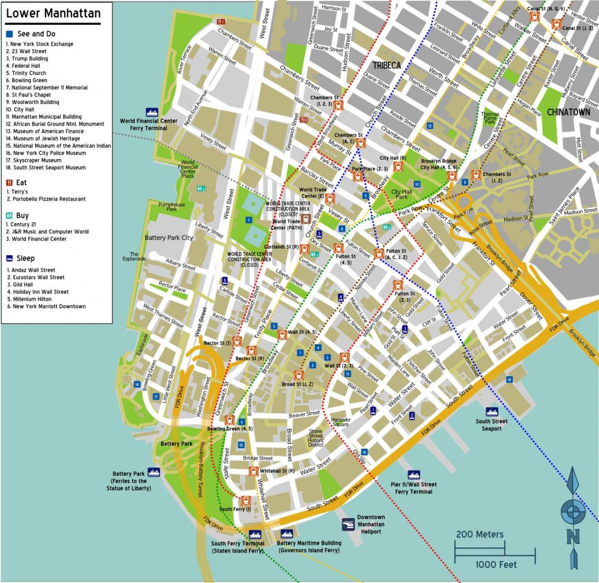 mapa dolného Manhattanu so názvy ulíc