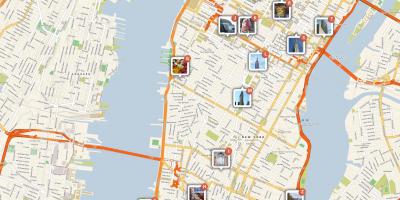 Mapa Manhattanu ukazuje turistické atrakcie